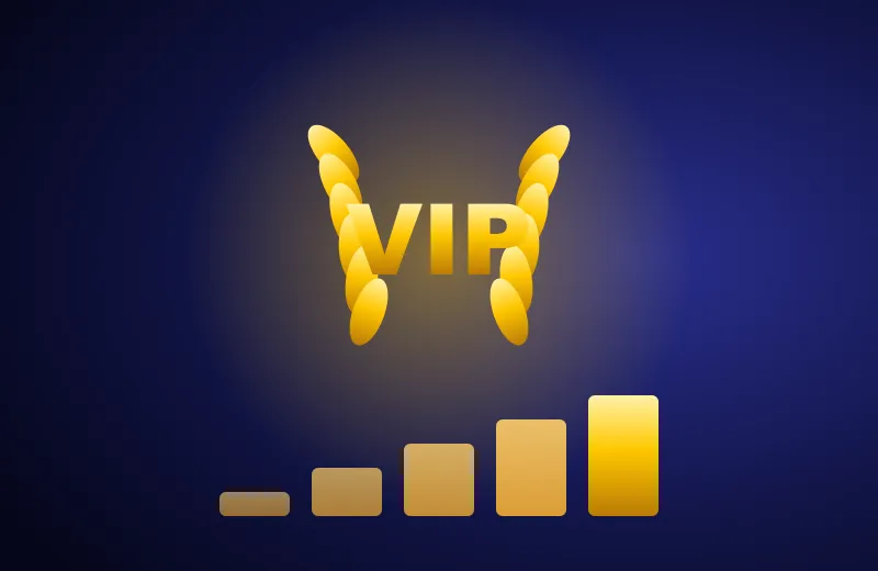 Złoty wieniec z napisem VIP i pięć poziomów Klubu VIP Cazeus
